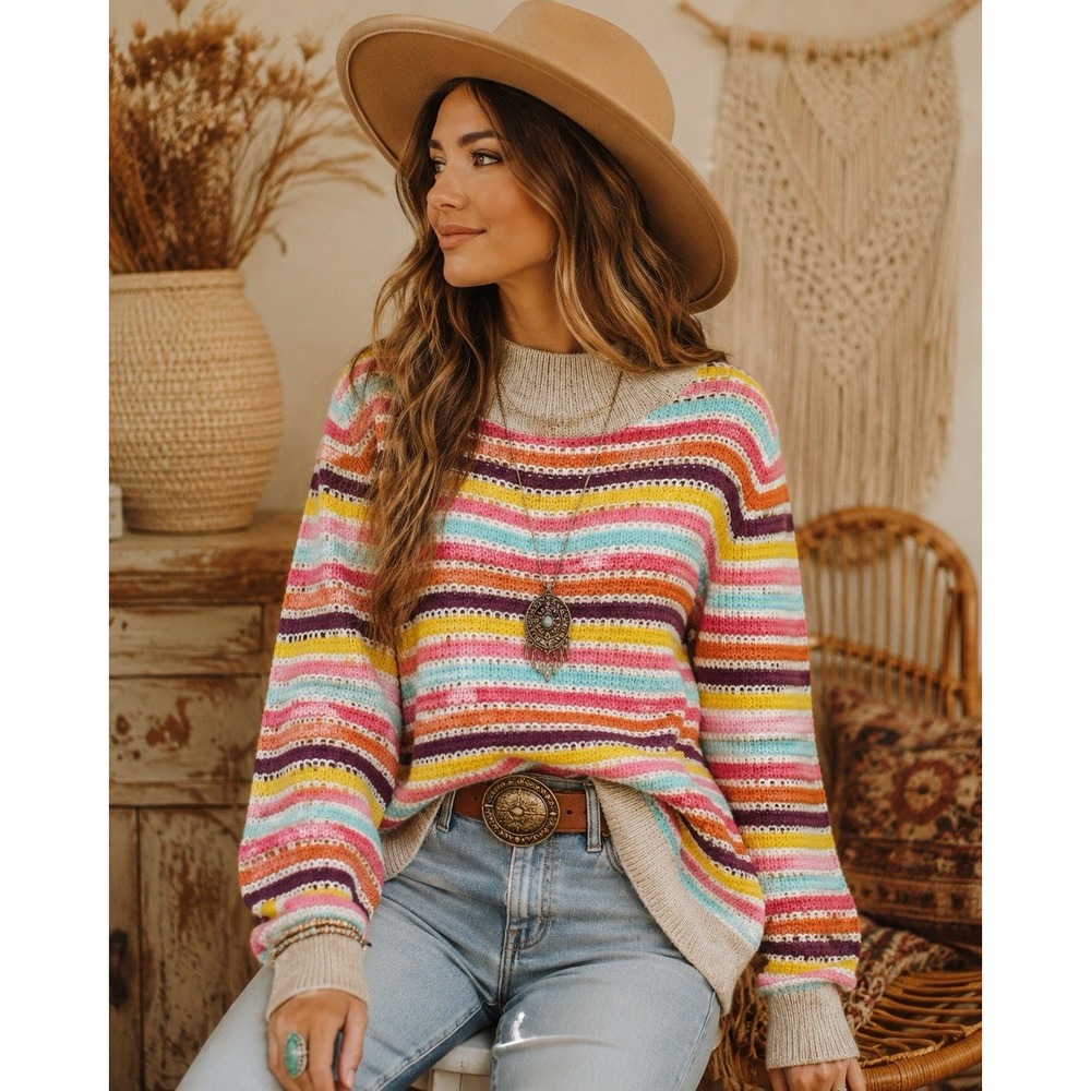 Talbots Chunky Knit Happy Stripe Sweater Mock Neck Multicolor Plus 2X Boho Chic